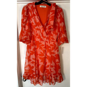 Taylor Pink Red Floral Chiffon Ruffle Dress Bubble Sleeves Womens Size 14 Belt